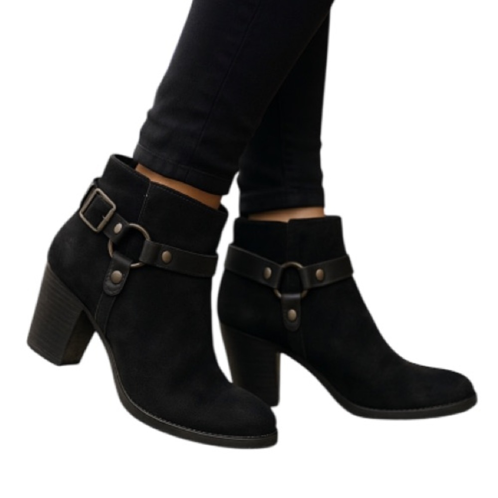 ASH Falcon Harness Moto Ankle Boots Black  Brushed Leather Chunky Heels 38 8
